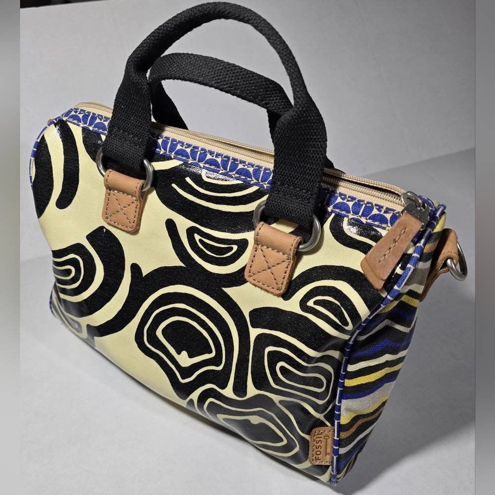 Fossil Keyper Black and Blue Patterned Satchel VINTAGE